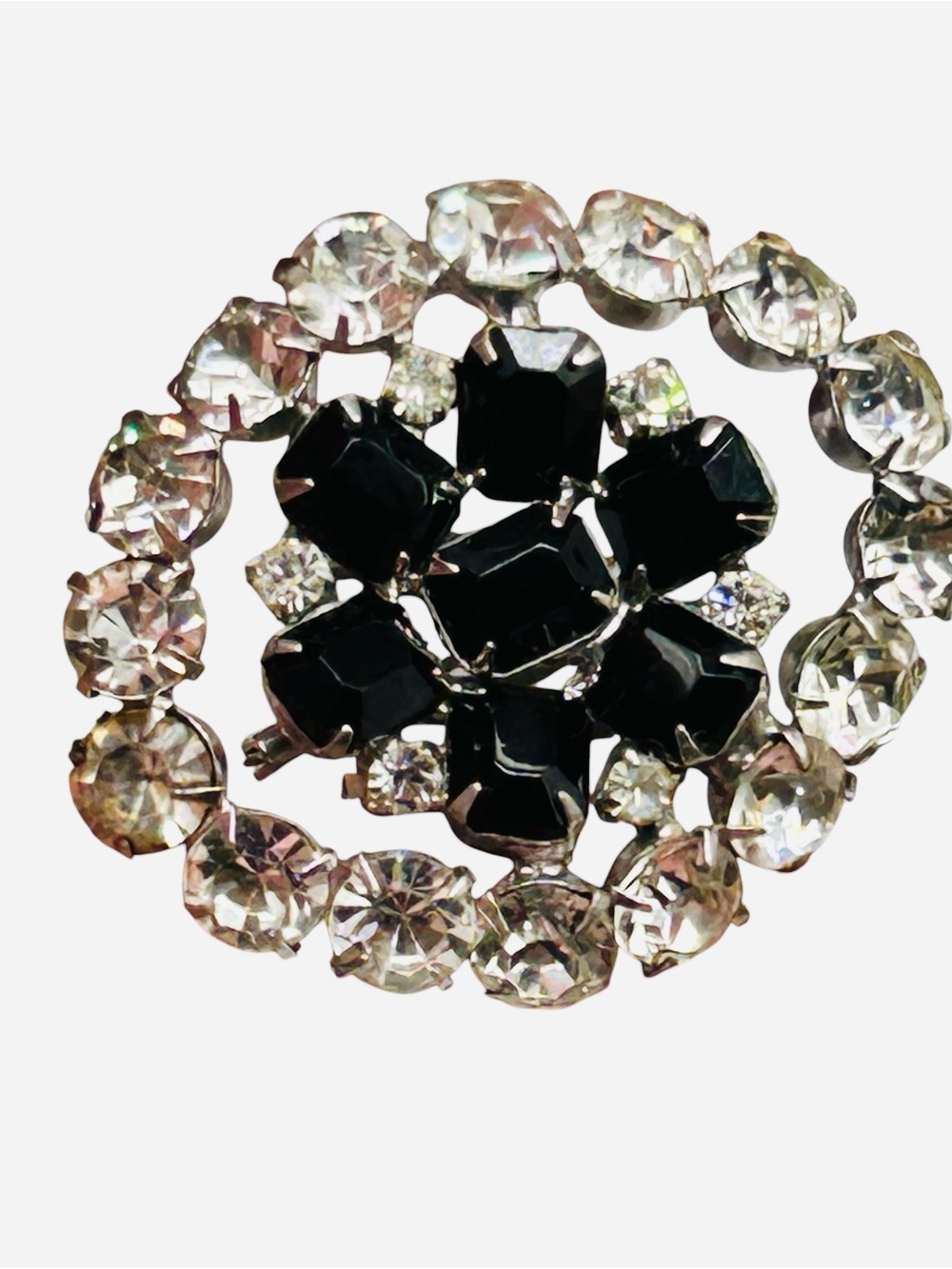 Vintage Black and Clear Rhinestone Oval Brooch